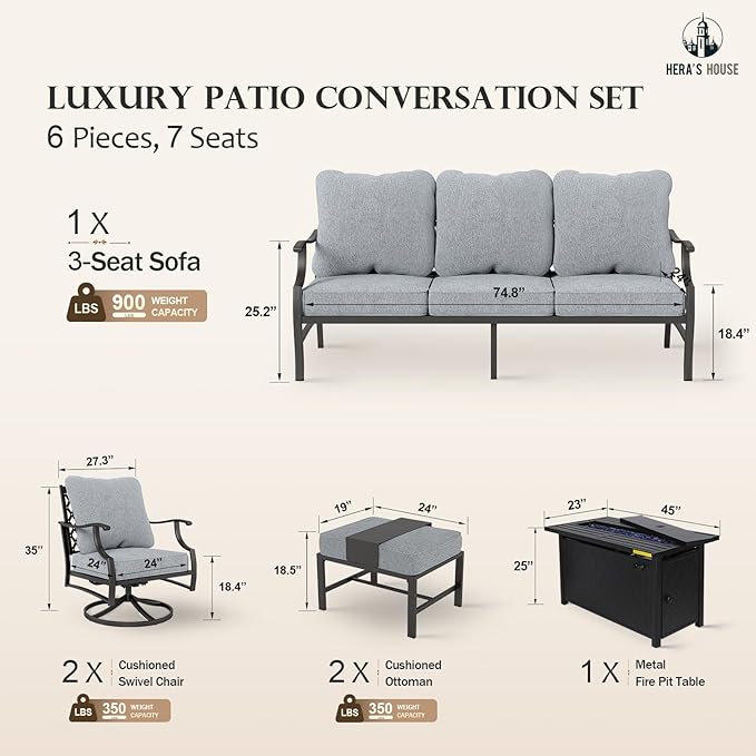 HERA'S HOUSE 6 Pieces Patio Furniture Set with Fire Pit Table, 2 x Swivel Chair, 2 x Ottoman, 3-Seat Sofa with 45" Fire Pit Table, Outdoor Conversation Set for Garden, Poolside, Backyard, Grey