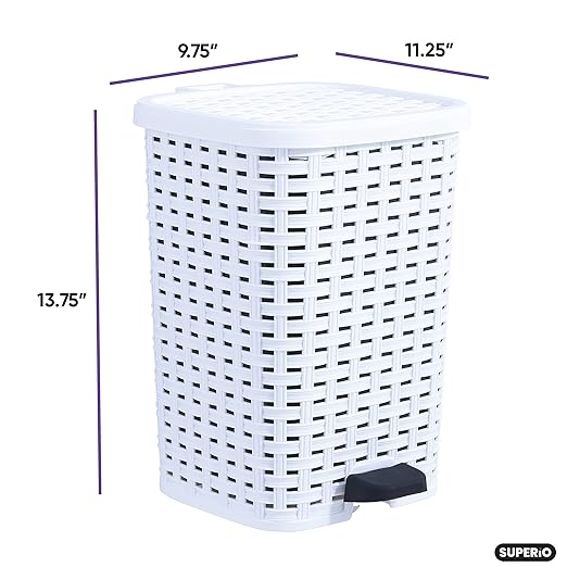 Superio Small Outdoor Trash Can with Lid for Dog Poop 3 Gallon/12 L Mini Plastic Garbage Can with Foot Pedal for Bathroom, Bedroom, Office, Patio, Wicker White