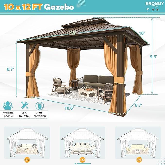 EROMMY 10' x 12' Hardtop Gazebo, Aluminum Frame Gazebos with Galvanized Steel Double Roof, Permanent Outdoor Metal Pavilion with Curtain and Netting for Patio, Lawn, Deck