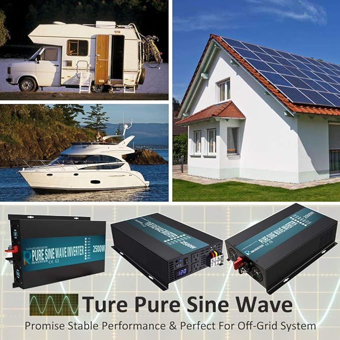 2500 watt 12V Pure Sine Wave Inverter, Automotive Car Power Inverter,Dual 120V AC outlets, DC to AC,Best Back Up Power Supply for RV,Home,Office