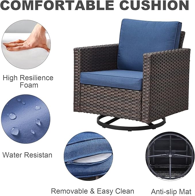 Wicker Patio Furniture Set, 6 PCS Outdoor Patio Furniture Set with Swivel Chairs, Includes 2 Swivel Patio Chairs, 1 Outdoor Couch, 1Side Table and 2 Ottoman, Brown/Blue