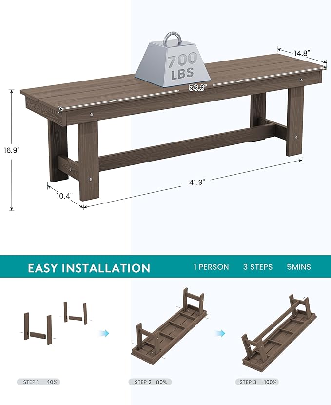 SERWALL Outdoor Dining Set for 6, HDPE Furniture Set with Umbrella Hole, All Weather Bench & Chairs, Coffee Table