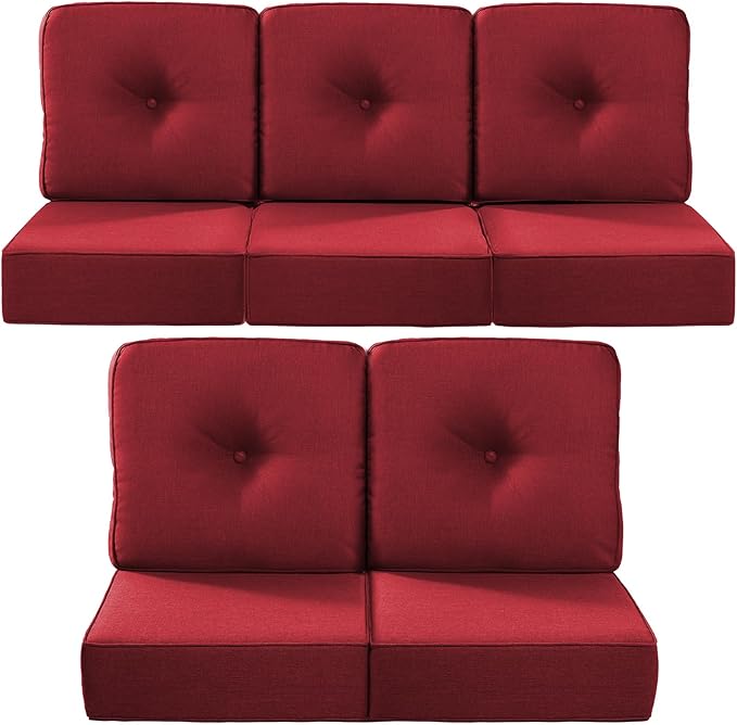 Luxury 22x24/22x25 6-Inch Outdoor Cushions for 5 Peice Patio Furniture Set - Set of 5 Water Repellent Pillow for Wicker Rocking Swivel Chairs Loveseat Couch Sectional Sofa - Red