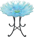 MUMTOP Outdoor Glass Birdbath with Metal Stand for Outside Yard Garden Decor, 18 inch Diameter Blue Bird Baths Bowl for Outdoors, 21 inch Height