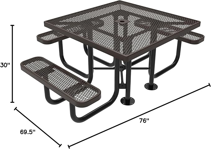 COATEDOUTDOORFURNITURE Heavy-Duty Portable ADA-Compliant Outdoor Picnic Table with Umbrella Hole, Expanded Metal Patio Dining Furniture Made in America (46" Square Top, Brown)