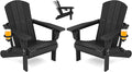 SERWALL Folding Adirondack Chair Set of 2, Adjustable Adirondack Chair with 3 Recline Positions, All Weather HDPE Outdoor Adirondack with Cup Holders, Black