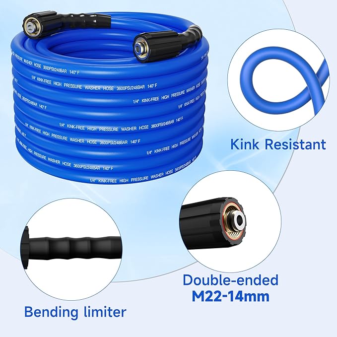 Pressure Washer Hose 50FT 1/4'' Kink Resistant 3600 PSI Power Washer Hose Extension with Leak-Free M22 Female and 3/8" Quick Connection Kit (50FT)