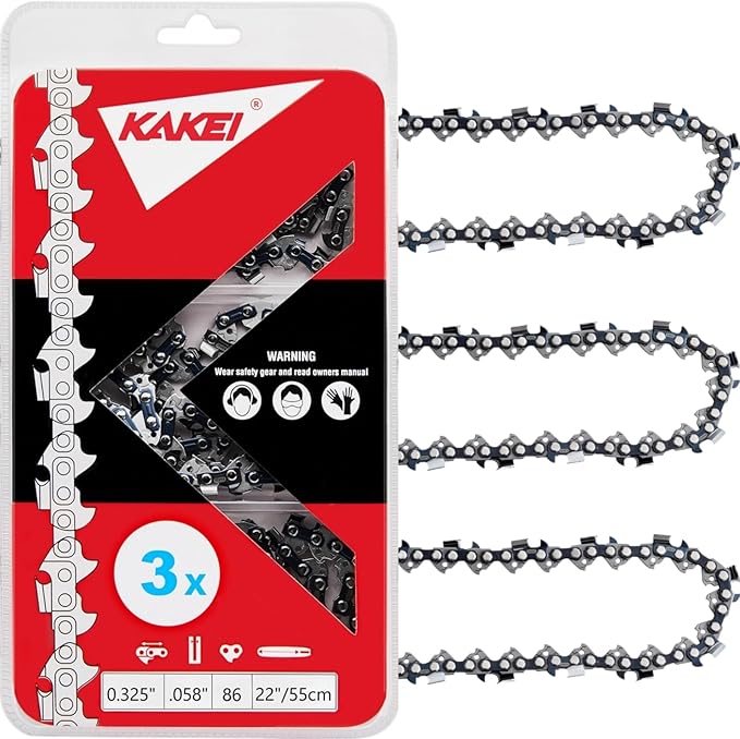 KAKEI 22 Inch Chainsaw Chain .325" Pitch .058" Gauge 86 Drive Links for Blue Max 20160 57cc (3 Chains) - Full Chisel
