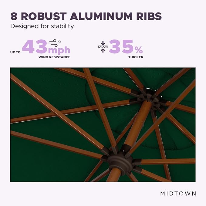 Midtown Umbrellas Sunbrella Umbrella Outdoor Patio Umbrella 2-9 Feet in Forrest Green Acrylic Fabric, Auto-Tilt Aluminum Frame For Backyard Umbrella, Deck Umbrella & Porch Umbrella - Wooden Pole