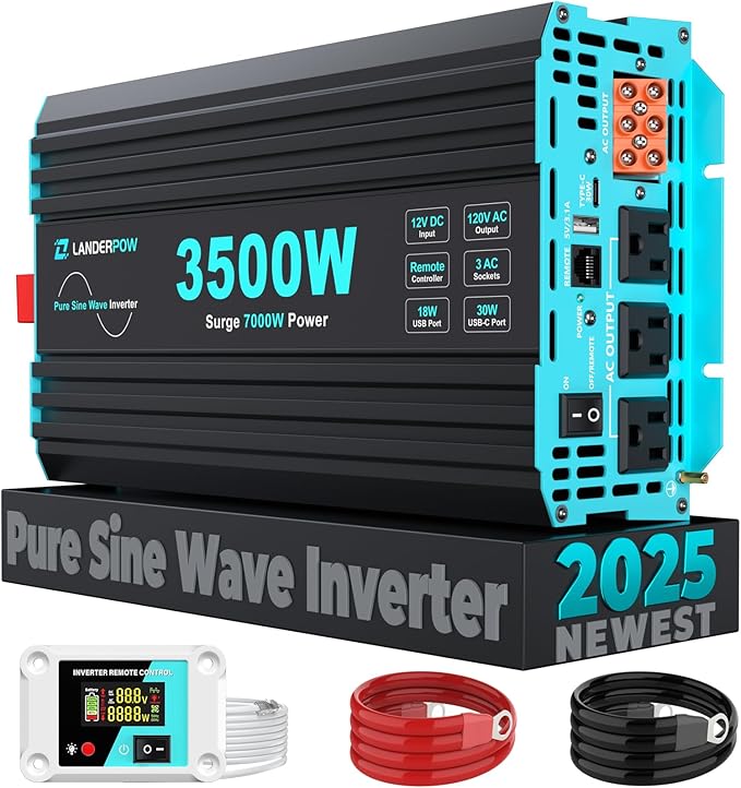 Pure Sine Wave 3500W Power Inverter 12V DC to 120V AC for RV, Truck, Home, Off-Grid, Solar, Inverter with 3 AC Outlet, 30W USB-C, 5V 3.1A USB, Hardwire Port, 15FT Remote Control, Surge 7000W