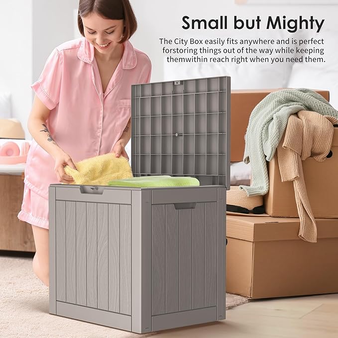 Vixzen 30 Gallon Resin Deck Box - Lockable Outdoor Storage for Patio Cushions, Garden Tools, Pool Supplies，Grey