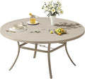 VICLLAX 53" Outdoor Round Patio Dining Table for 8, All Weather Metal Dining Table with Umbrella Hole for Deck Lawn Garden Backyard, Sandshell