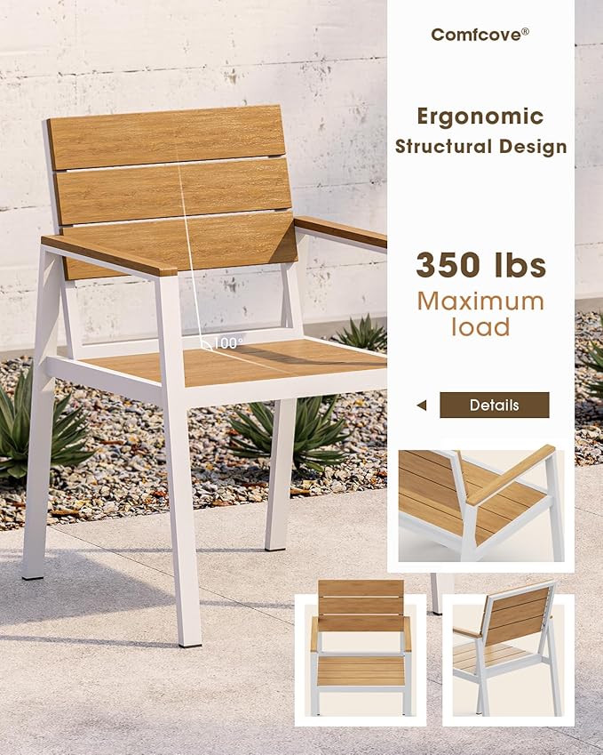 Outdoor Patio Dining Set, Aluminum & HDPE 5 Piece Outdoor Table and Chairs Set with Umbrella Hole, Modren Rectangular Patio Furniture Set with All-Weather Table and 4 Chairs (White & Teak)