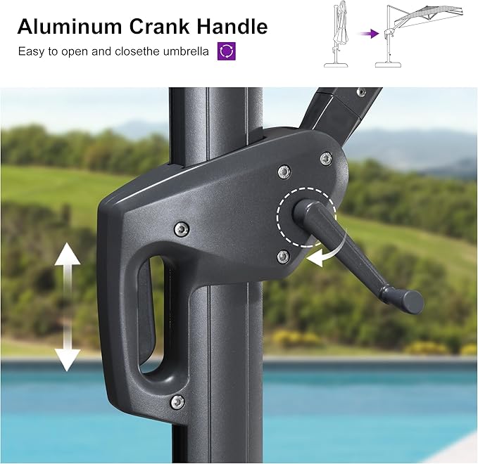 PURPLE LEAF 10' X 10' Swivel Outdoor Patio Aluminum Umbrella with Base Left-right Tilting Cantilever Offset Umbrella with UV Resistant Heavy Duty Fabric for Deck Pool Patio Backyard, Graphite Grey