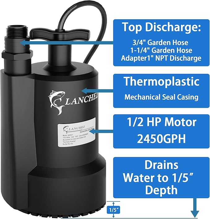 Lanchez Sump Pump, 1/2 HP 2450GPH Submersible Utility Water Pump, Thermoplastic Portable Electric Water Removal Transfer Pump with 10FT Cord for Swimming Pool Basement Garden Pond Tubs Draining