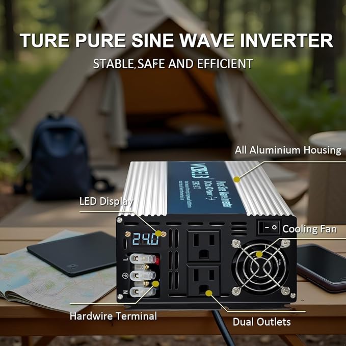 WZRELB 2500W Pure Sine Wave Inverter, Car Power Inverter 24V DC to 110V 120V AC Converter for RV, Truck, Solar, Outdoor with Dual AC Outlets, Hardwire Port, Surge 5000W, LED Display,Off-Grid