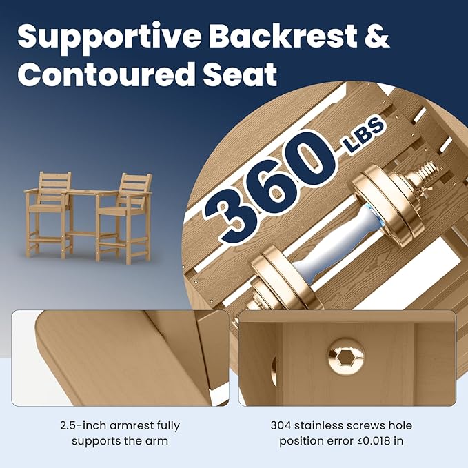 Tall Adirondack Chairs Set of 2, All Weather HDPE Poly Bar Height Balcony Adirondack Chair with Removable Double Connecting Trays, Outdoor Adirondack Barstools for Deck, Patio, Yard, Pool, Lawn