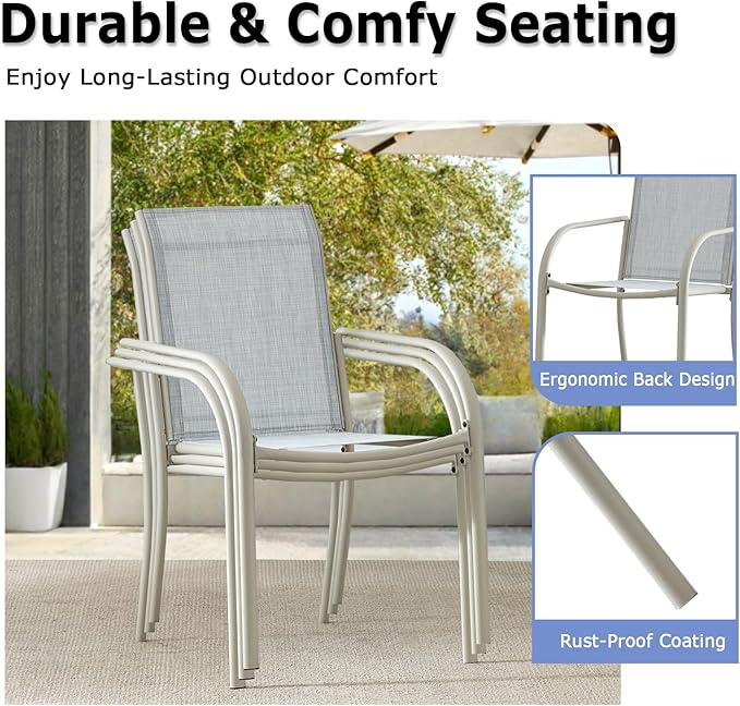 Patio Chairs Set of 6, Outdoor Dining Chairs with Breathable Textilene Fabric, Stackable Patio Chairs for Lawn, Garden, Backyard, Poolside, Beige