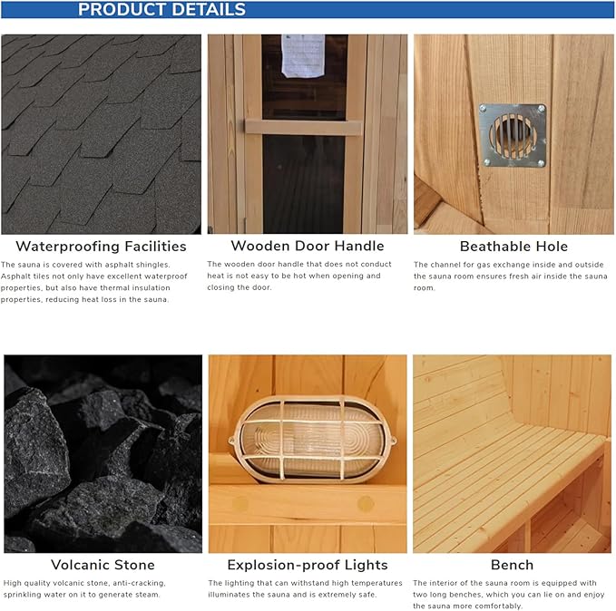 ZONEMEL Indoor and Outdoor Barrel Sauna Room with Asphalt Shingle Roof, Canadian Red Cedar Wood Steam Sauna with 6KW ETL Certified TOULE Heater, Tempered Glass (Cedar, 8 Person)