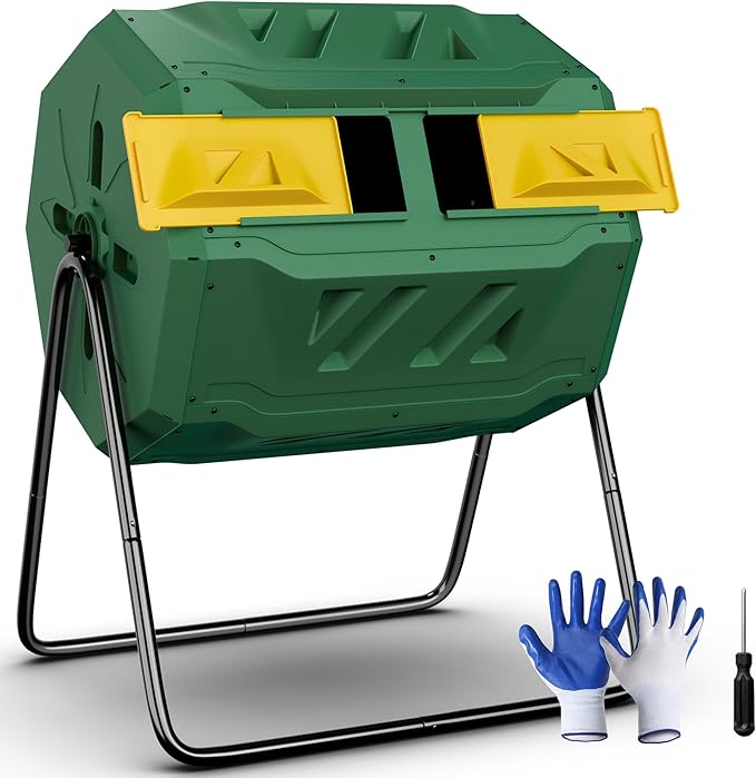 43 Gallon Outdoor Dual Chamber Tumbling Composter - BPA Free, Rotating Compost Bin with Sliding Doors & Steel Frame for Garden/Yard