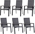PHI VILLA Outdoor Stackable Chairs, Patio Chairs Set of 6, Light Weight Aluminum Frame with Textilene Fabric & Wood Armrest, High Back Deck Chairs for Poolside Lawn Garden, Gray