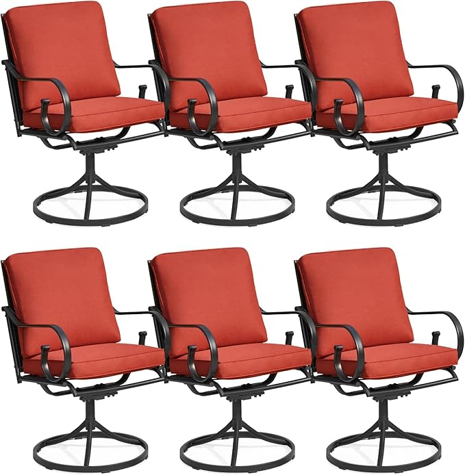 MELLCOM Patio Swivel Chair Set of 6, Heavy Duty Outdoor Dining Chairs with Thickened Cushions, Metal Patio Chairs Gentle Rocker for Outside, Garden Lawn & Porch, Backyard, Red