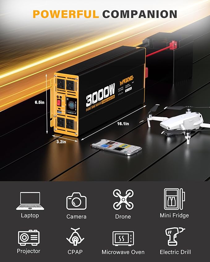 3000W Pure Sine Wave Inverter 12V DC to 110V 120V AC Converter for RV Truck Home Off-Grid Solar Power Inverter with Type-C PD30W/USB Port QC3.0 Quick Charging, 4 AC Outlets, Remote Control