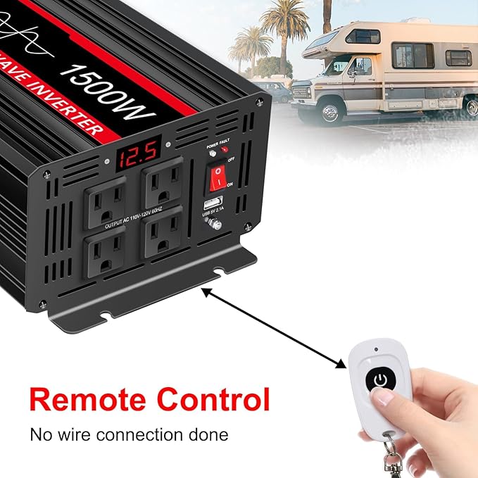 JIGUUN 1500 Watt Pure Sine Wave Inverter DC 12V to AC 120V Converter, Remote Control Power Car Inverter with LED 4 AC Outlets USB Output for Outdoor Camping RV.