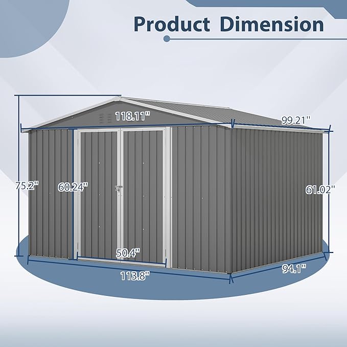 10X8 FT Outdoor Tool Storage Shed with Metal Foundation & Lockable Doors, All Weather Metal Sheds for Garden, Patio, Backyard, Lawn, Gray