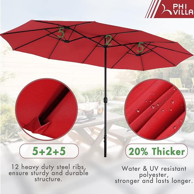 PHI VILLA 7 Pieces Patio Dining Set with Umbrella for 6, 60” Large Metal Iron Dining Table & Cushioned Rattan Wicker Chairs & 13ft Red Umbrella for Patio, Deck, Yard, Porch