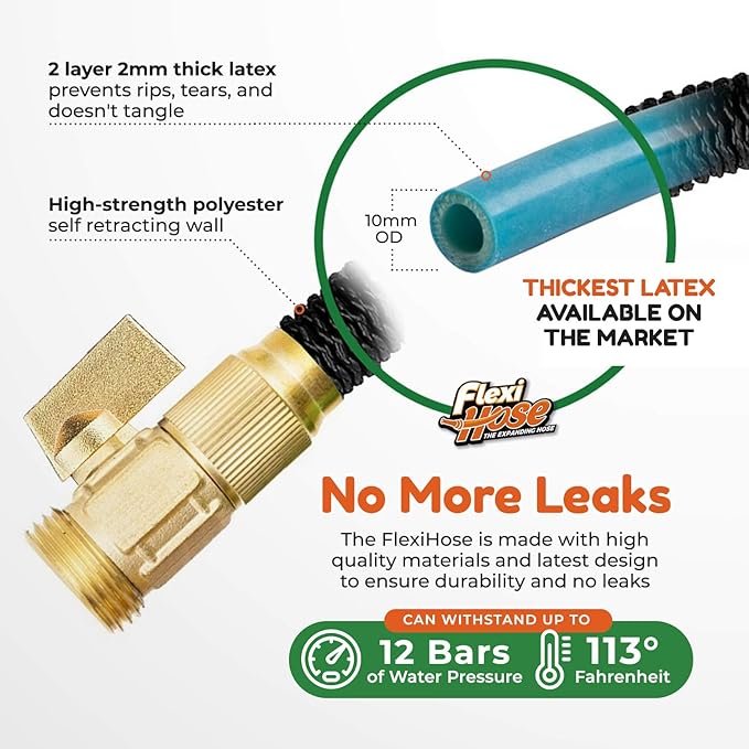 Flexi Hose Lightweight Expandable Garden Hose, No-Kink Flexibility, 3/4 Inch Solid Brass Fittings and Double Latex Core (25ft, Black)