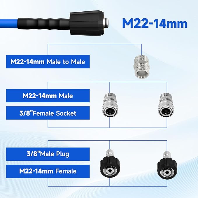 Pressure Washer Hose 100FT 1/4'' Kink Resistant 3600 PSI Power Washer Hose Extension with Leak-Free M22 Female and 3/8" Quick Connection Kit (100FT)
