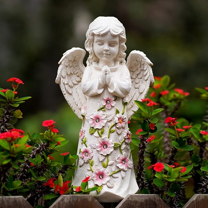 Nacome Garden Outdoor Statues Angel with Succulent and 7 LED Lights – Lawn Decor for Patio, Balcony, Yard Ornament - Unique Housewarming Gifts