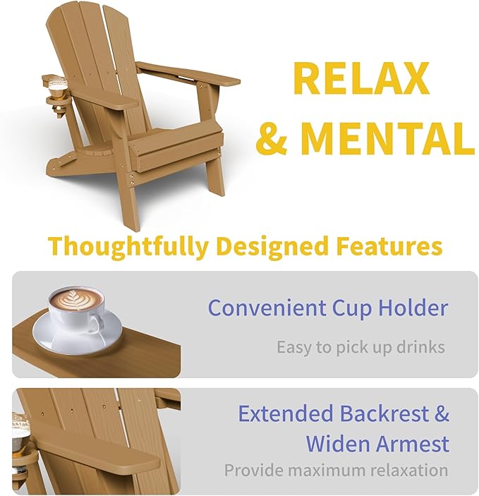 Kingdura Foldable Adirondack Chair, Portable HDPE All Weather Resistant Outdoor Patio Chair, Wooden Textured with Cup Holder, 380LBS Capacity for Poolside, Backyard, Deck, Fire Pit (Brown