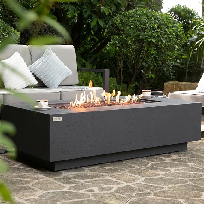 AMS Creations | Madison 60" Bundle Rectangular Propane Gas Outdoor Fire Pit Table | Dark Gray Concrete GFRC | Limestone Texture or Surface | Electronic Ignition | Outside Backyard Fireplace