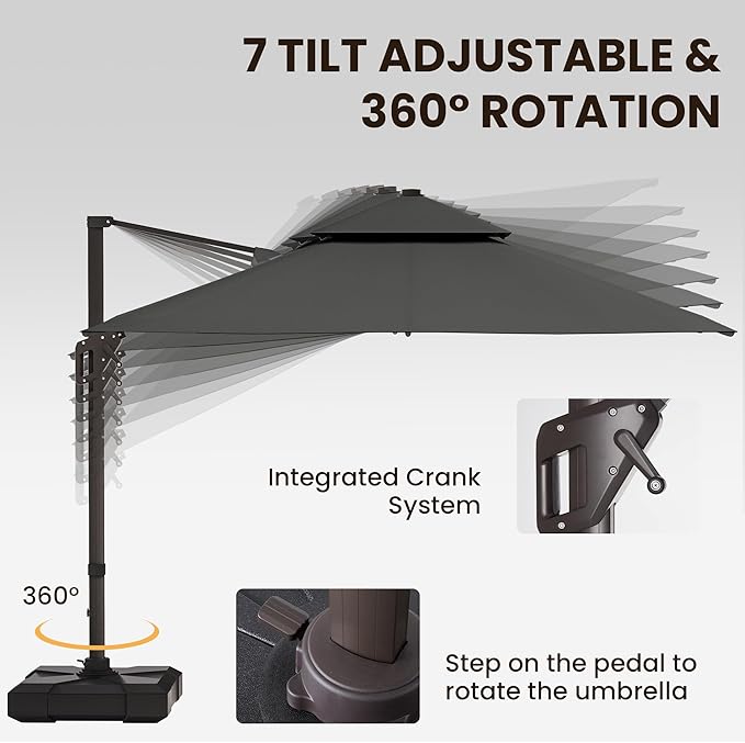 9' X 12' Cantilever Patio Umbrella Outdoor with Base Included Heavy Duty Double Top Windproof Rectangle Offset Umbrellas with 360-degree Rotation for Pool Deck Backyard, Grey