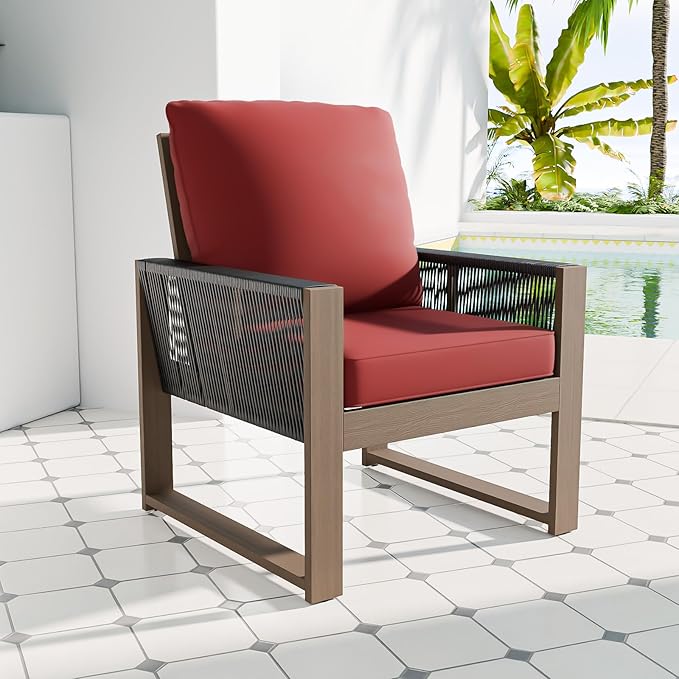 COOS BAY Natural Cedar Wood Patio Chair with Cushions, Durable Outdoor Furniture, Patio Dining Armchair for Deck, Porch, or Garden, 1 Piece, Brownish/Red