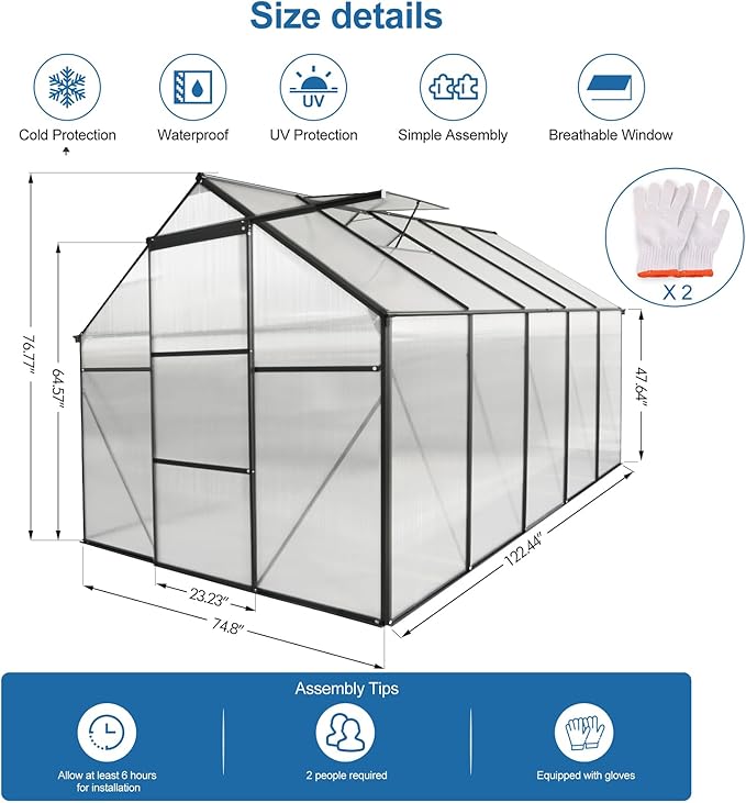 6x10 FT Polycarbonate Greenhouse,Heavy Duty Walk-in Garden Plants Green House,Adjustable Roof,Raised Base and Sliding Door for Outdoor Backyard,Easy to Install,Black
