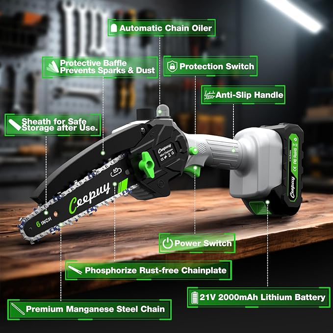 Mini Chainsaw Cordless,6 Inch Portable Electric Chainsaw with Automatic Oiler/Security Lock/Battery Powered Small Handheld Saw for Trees Branches Trimming,Wood Cutting, Gifts for Men Women