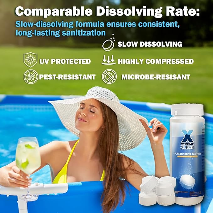 XtremeClear Summer Deal 3 Pack 1" Chlorine Tabs, Long-Lasting Stabilized, Sanitizer Slow Dissolving Tablet, Above Ground Swimming Pool, Hot Tubs & Spa, 1.5 lbs