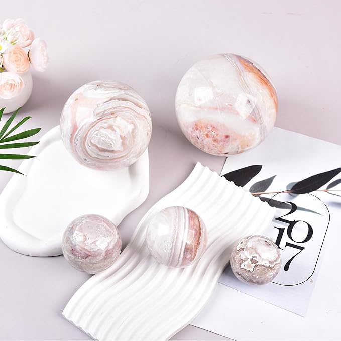 JIC Gem Natural Pink Agate Crystal Sphere with Wooden Stand,Decorative Crystal Ball Pink Gemstone Sphere for Meditation,Feng Shui,Witch-Style Decor,Table 70-80mm