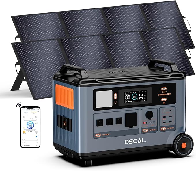 OSCAL 120V/240V Solar Generator 6000W(Peak 7200W) with 2x200W Solar Panel,Promax6000 Dual Voltage 3600WH Lifepo4 Battery Portable Power Station with 14 Outlets,2200W 1.96H Fast Charge,for Home Backup