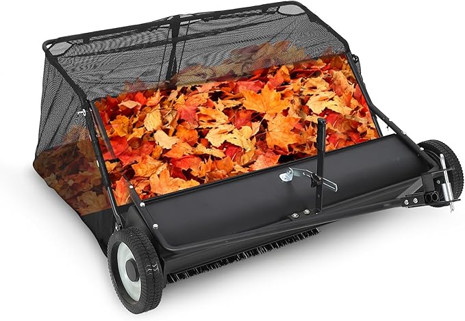 42" Lawn Sweeper Tow Behind, Heavy Duty Yard Sweeper Pull Behind with 21 Cu.Ft Large Hopper & Adjustable Sweeping Height, Universal Leaf Grass Collector for Tractor ATV UTV, Black