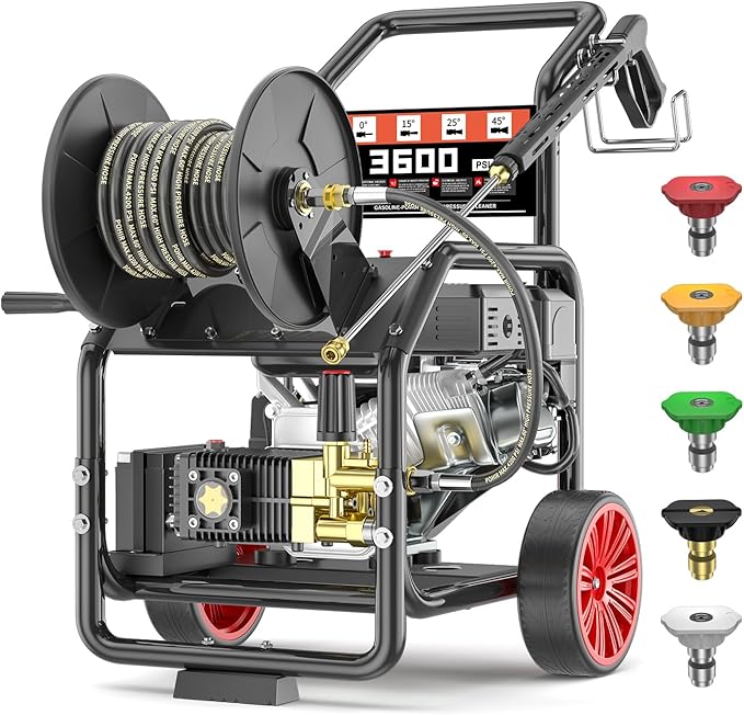 3600PSI Gas Pressure Washer with Hose Reel, One-Button Start 212cc 7HP 4-Cycle Engine, 3.3 GPM Heavy Duty Power Washer with 50FT 3/8" Hose, Spray Gun & Wand, 5 Quick Connect Nozzles