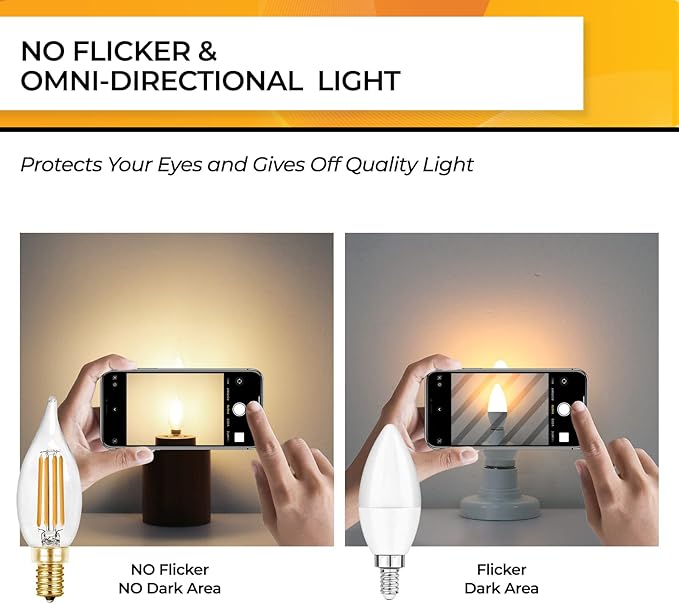 Hizashi E12 LED Bulb 40W Equivalent Candelabra Bulbs Dimmable 2700K Warm White, 90+ CRI Chandelier Light Bulbs, 4W 450LM Flame Tip CA10 Candle Light Bulbs, UL Listed - 24 Pack