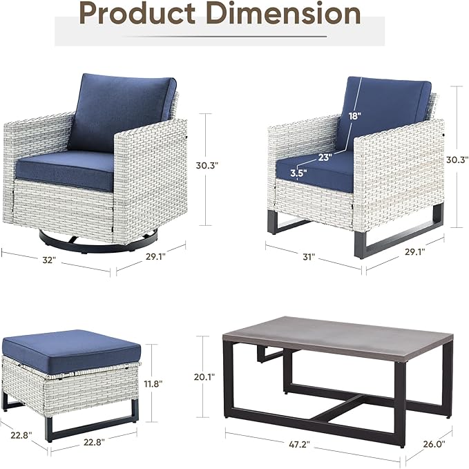Wicker Patio Furniture Set：7 Piece Outdoor Patio Furniture Set with 2 Swivel Patio Chairs 2 Single Chairs a Coffee Table and 2 Ottomans, Light Grey Wicker/Blue Cushion