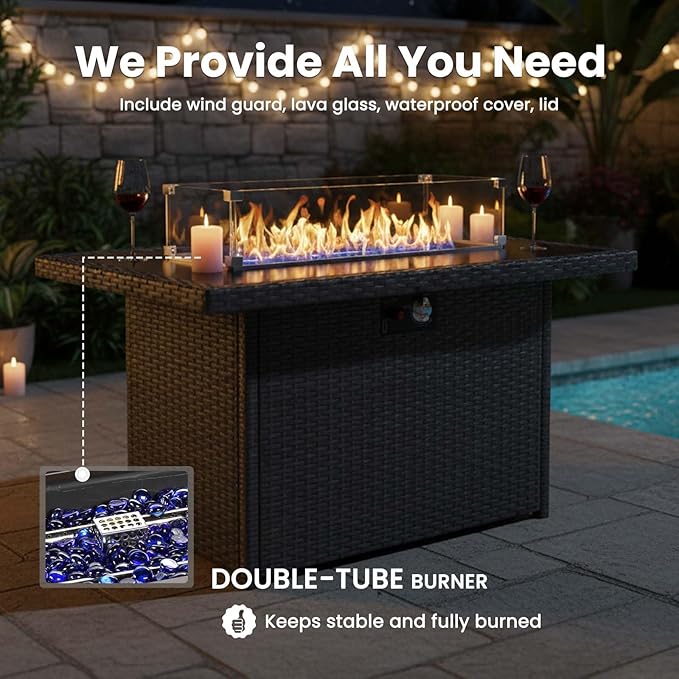 7 Pieces Patio Furniture Sets with Fire Pit Table, Wicker Rattan High Back Outdoor Swivel Rocking Chairs Set with Side Table