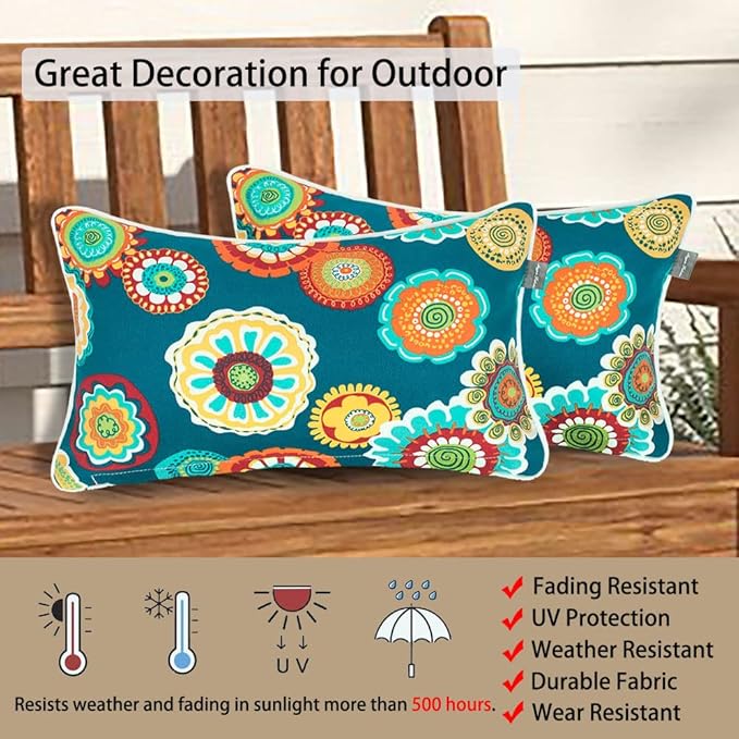 Magpie Fabrics Pack of 2 Outdoor Waterproof Lumbar Rectangular Throw Pillow with Insert 12x20 Inch, Home Decorative Toss Cushion for Patio Garden Car Office (Heronsbill Turquoise Green)