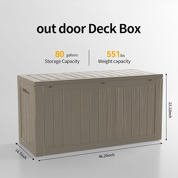 80 Gallon Waterproof Large Resin Deck Box Indoor/Outdoor Lockable Storage Container and Seating for Garden, Pool, and Patio (80 Gallon, Grey)