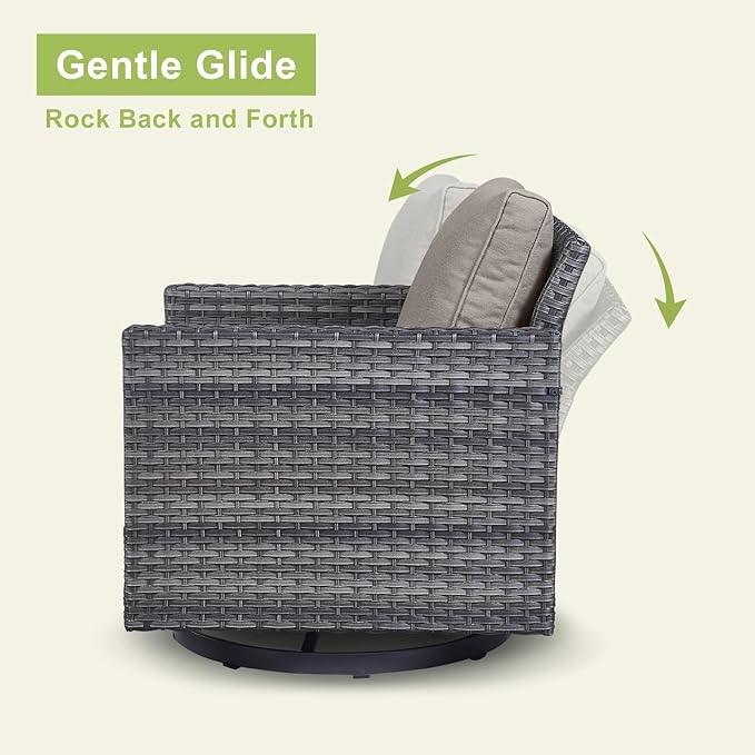 Wicker Outdoor Patio Furniture Set - 8 Piece Patio Conversation Set with 4 Swivel Rocker Chairs,2 Rattan Ottoman,1 Couch and 1 Metal Coffee Table for Outside Porch Deck Backyard(Mixed Grey/Grey)
